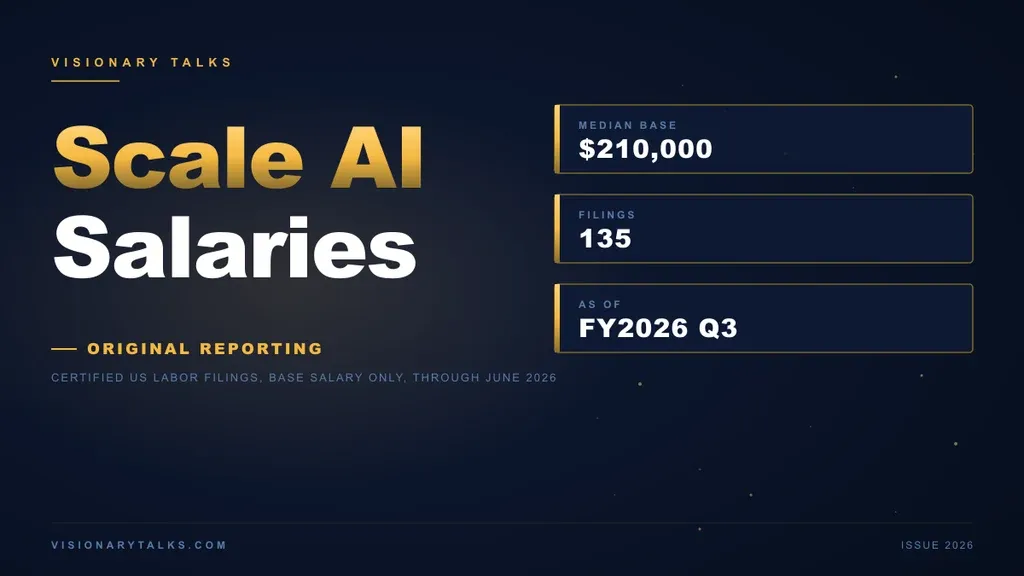 Scale AI salary data card from Visionary Talks showing a $210,000 median filed base salary across 135 certified US Department of Labor filings