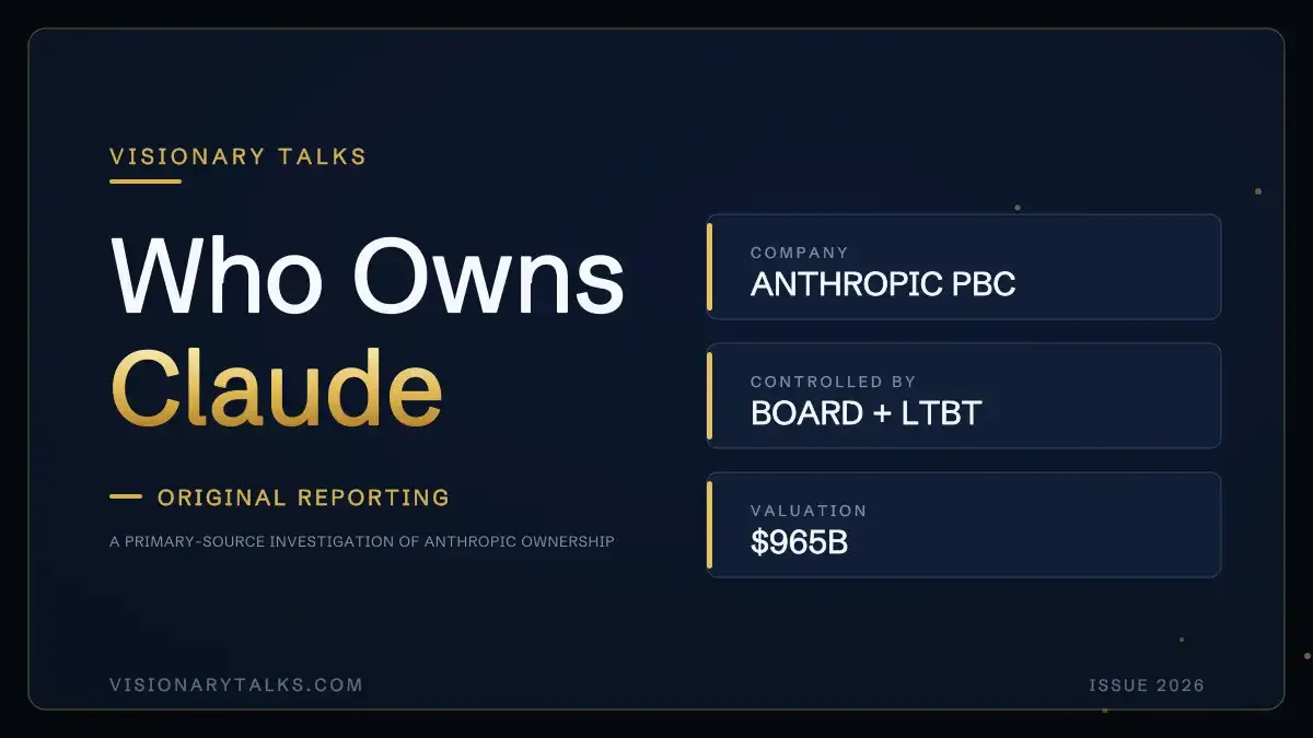 Visionary Talks breakdown of who owns Anthropic and Claude: Anthropic PBC, controlled by the board and Long-Term Benefit Trust, valued at $965B