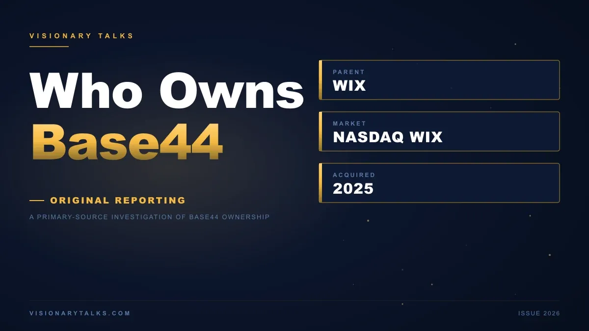 Who owns Base44: Visionary Talks data card showing parent company Wix (NASDAQ: WIX) and the 2025 acquisition date