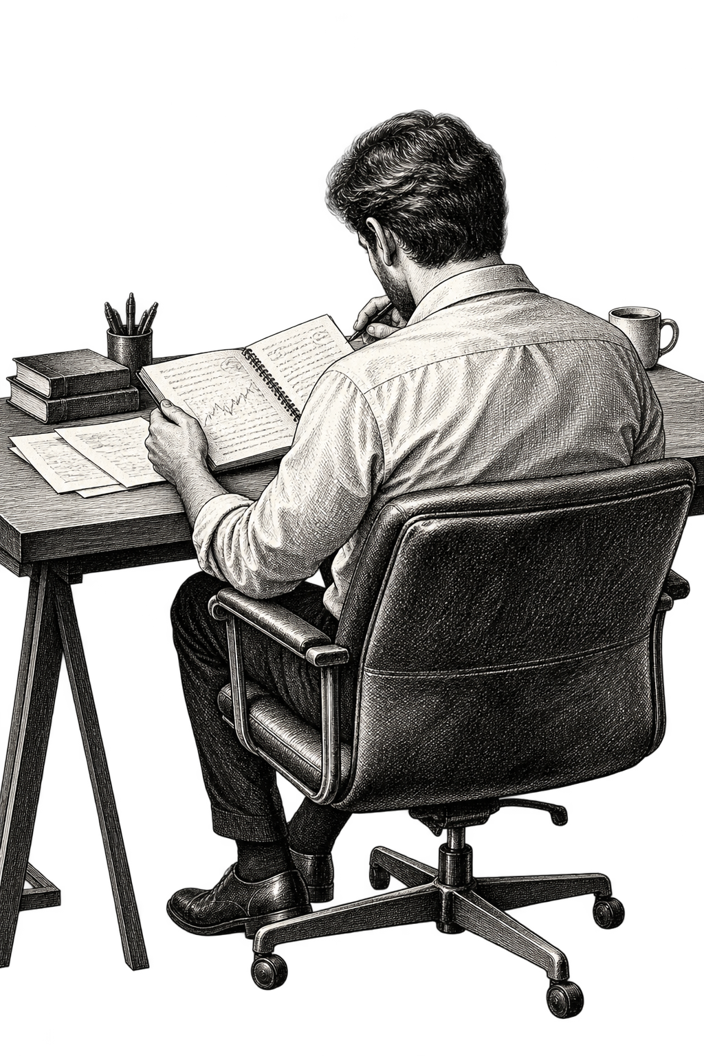 Editorial illustration of an anonymous researcher reading at a desk